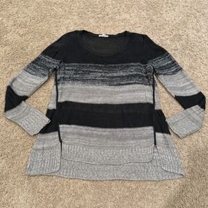 EILEEN FISHER Women's Striped Organic Linen Open Knit Sweater Size M Black Grey